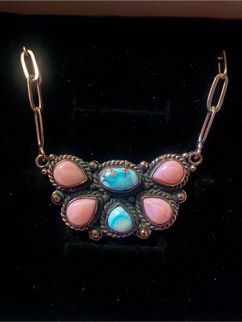 Copper Pink Conch & Golden Hills Turquoise Stone Pendant Necklace